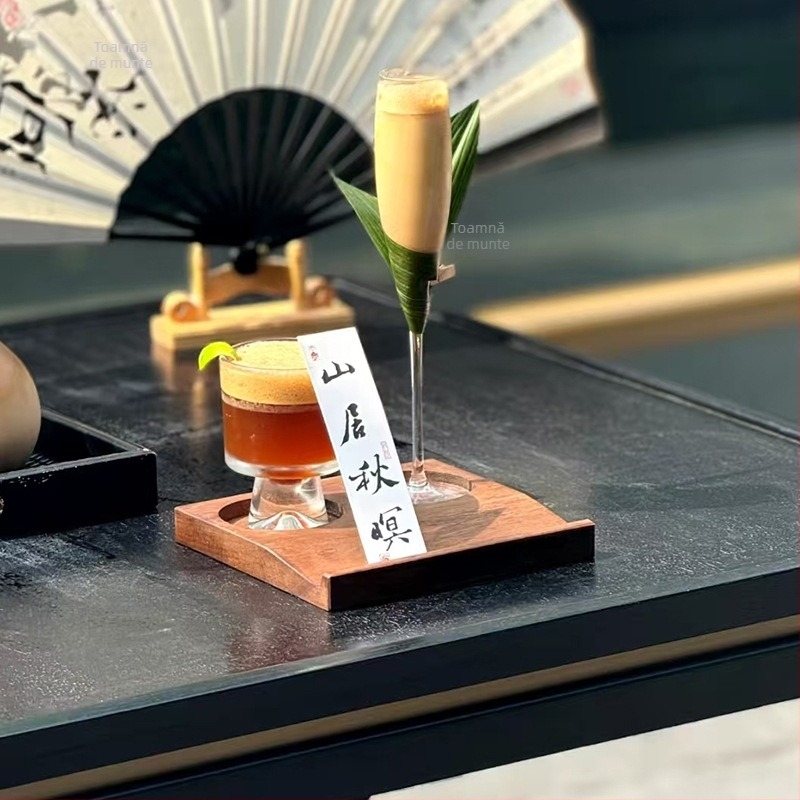 Set de cești de cafea cu suport din lemn masiv și logo imprimat | stil simplu, lansat în 2023