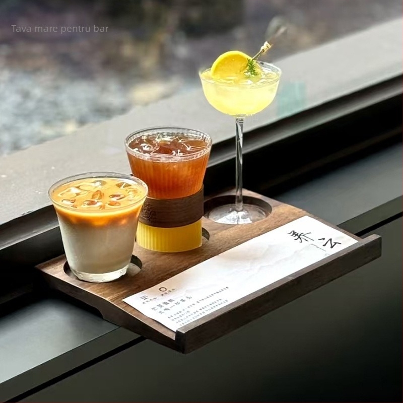 Set de cești de cafea cu suport din lemn masiv și logo imprimat | stil simplu, lansat în 2023