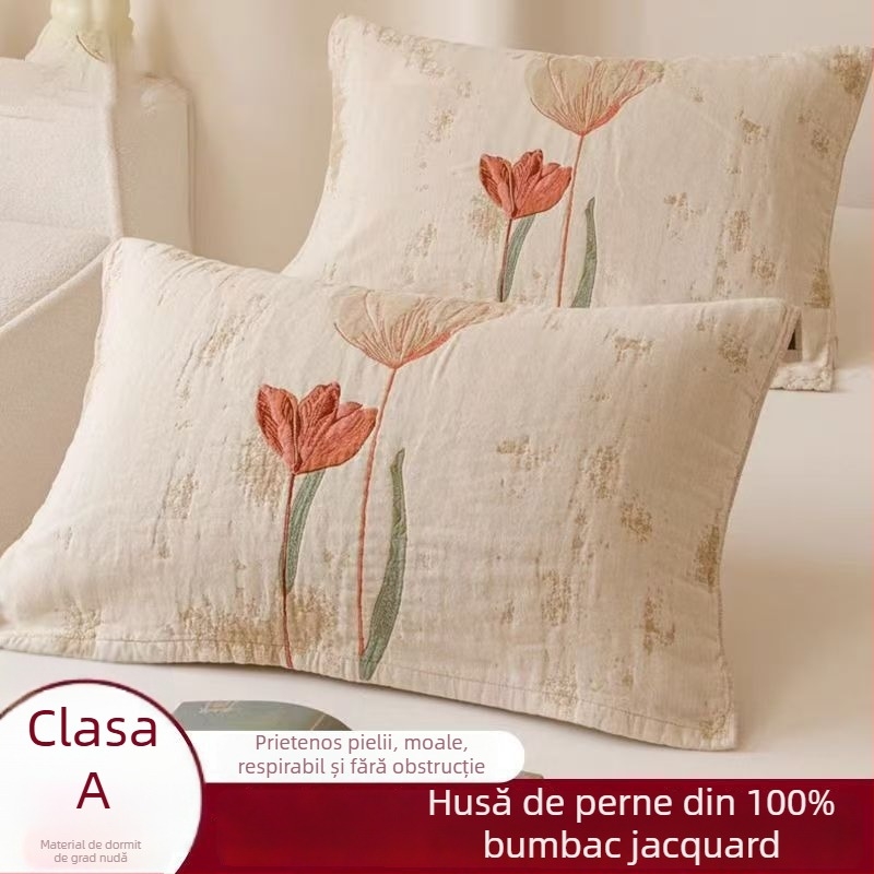 Set de două fețe de pernă - bumbac pur, țesătură jacquard din fire colorate, absorbante de transpirație, anti-alunecare, pentru toate anotimpurile
