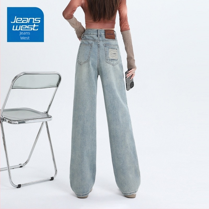 Jeans pentru femei cu croială largă, talie înaltă, denim cu 50–70% bumbac, toamnă 2024