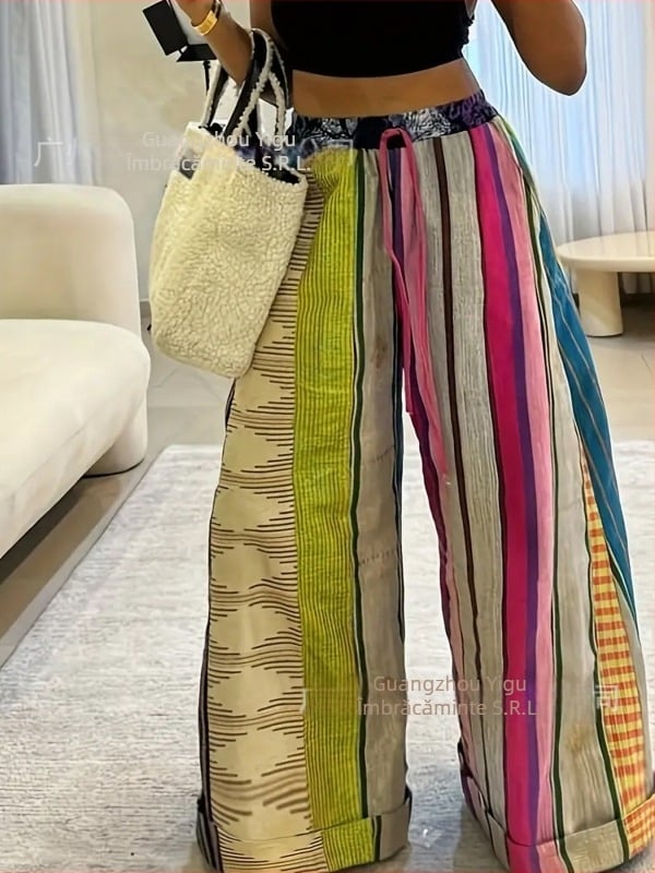 Pantaloni femei drepti, talie înaltă, imprimeu cu dungi, din amestec poliester-spandex, grosime medie, stil street