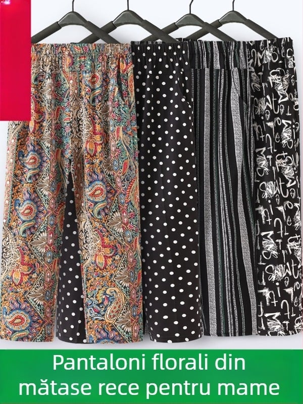 Pantaloni Ice-Silk lejeri, talie înaltă, croi cropped, material poliester peste 95% pentru femei vârstnice