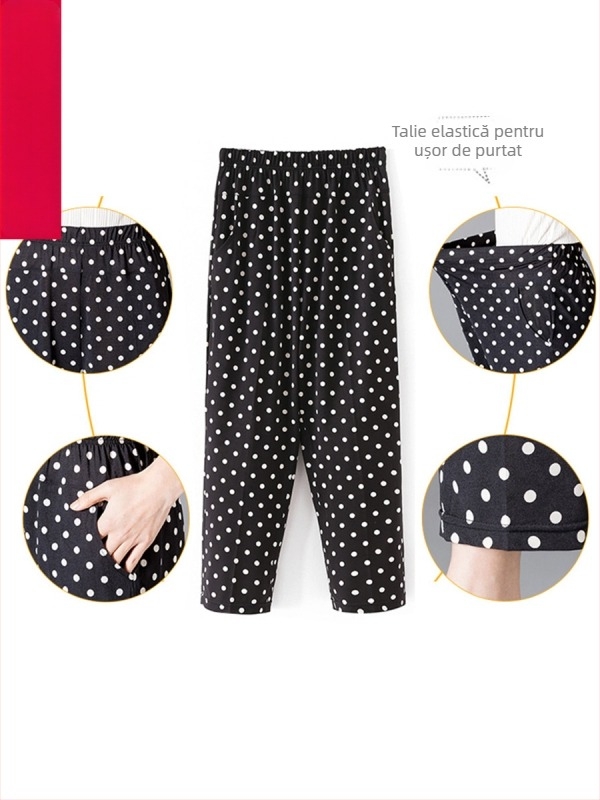 Pantaloni Ice-Silk lejeri, talie înaltă, croi cropped, material poliester peste 95% pentru femei vârstnice