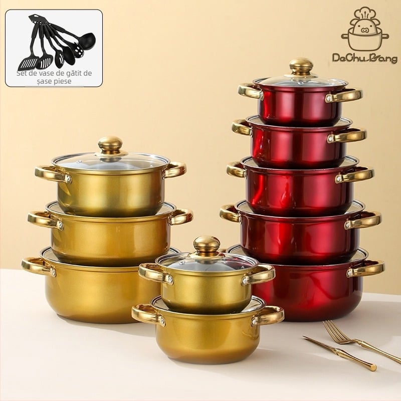 Set de vase din oțel inoxidabil seria 400, oală fără fum, capac din sticlă, compatibil cu plita generală, set de 10 piese