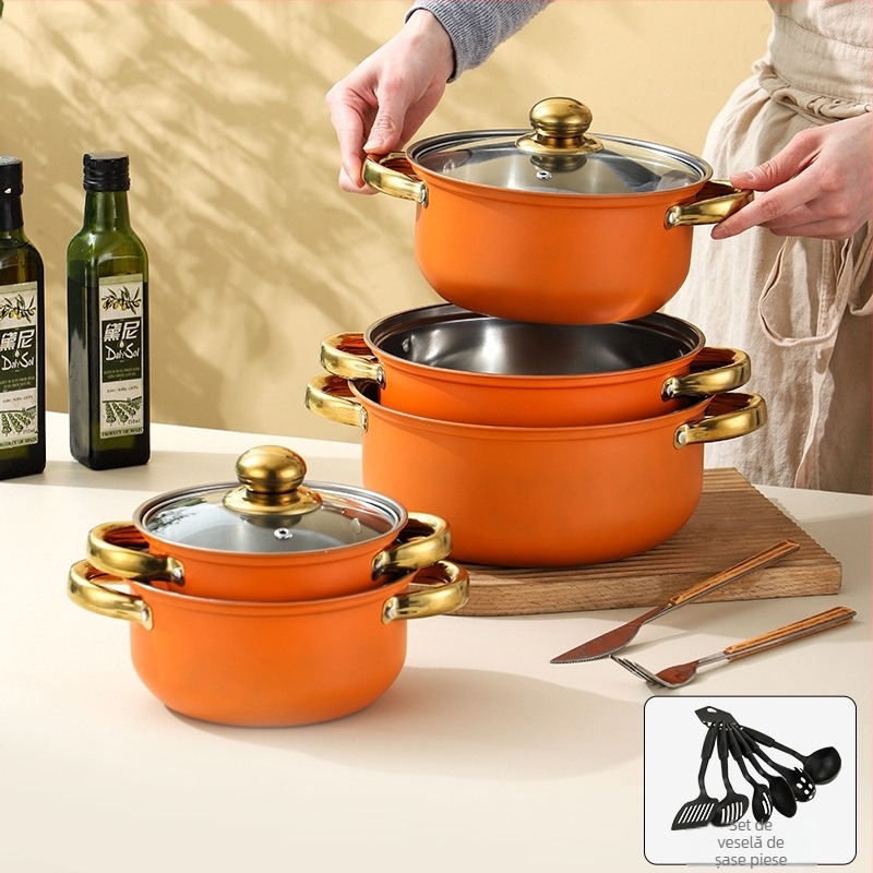 Set de vase din oțel inoxidabil seria 400, oală fără fum, capac din sticlă, compatibil cu plita generală, set de 10 piese