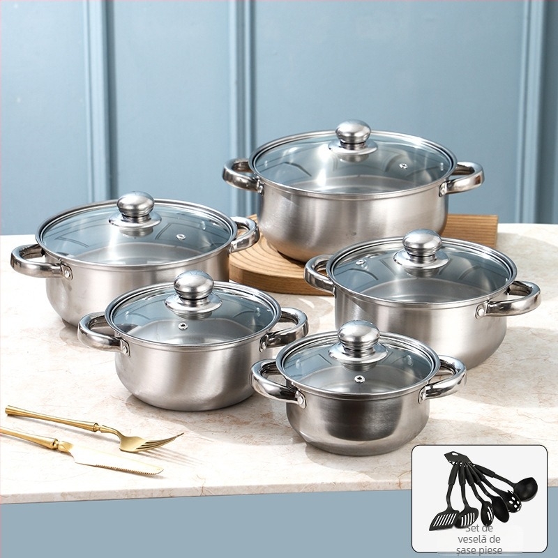 Set de vase din oțel inoxidabil seria 400, oală fără fum, capac din sticlă, compatibil cu plita generală, set de 10 piese