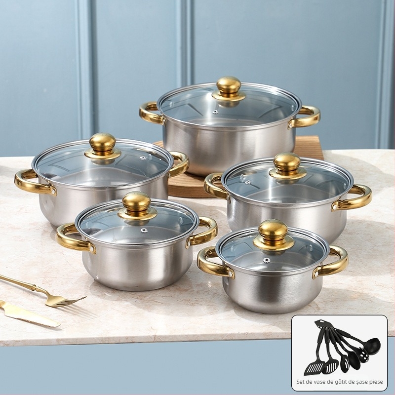 Set de vase din oțel inoxidabil seria 400, oală fără fum, capac din sticlă, compatibil cu plita generală, set de 10 piese