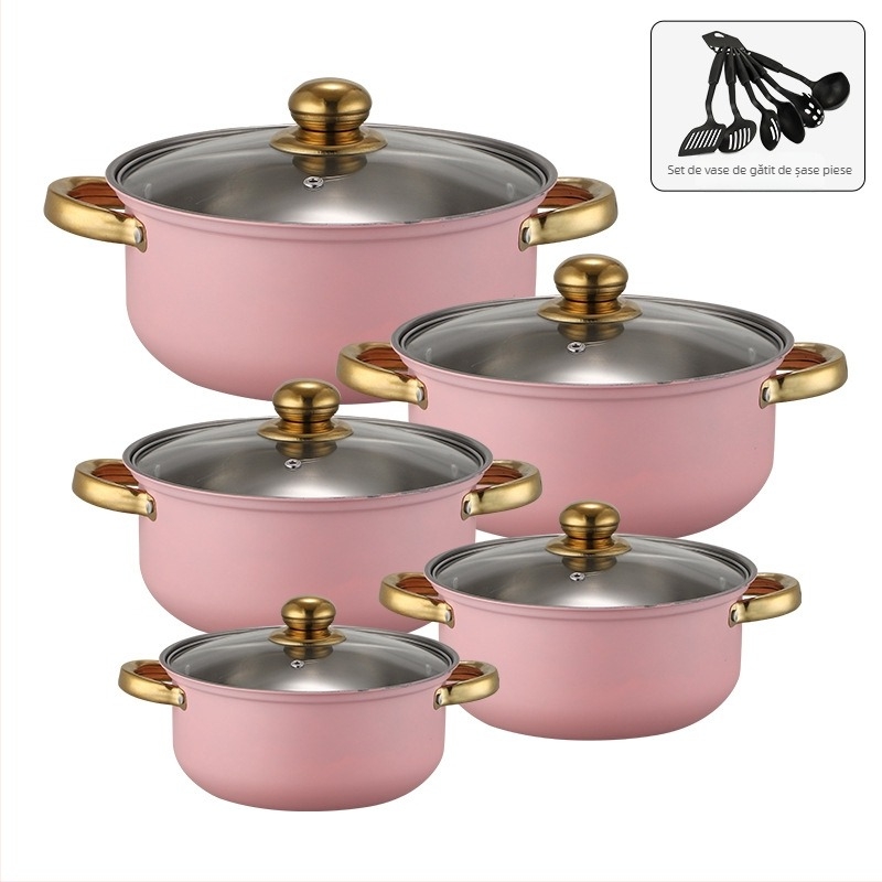 Set de vase din oțel inoxidabil seria 400, oală fără fum, capac din sticlă, compatibil cu plita generală, set de 10 piese