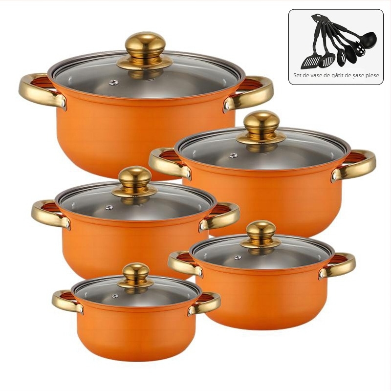 Set de vase din oțel inoxidabil seria 400, oală fără fum, capac din sticlă, compatibil cu plita generală, set de 10 piese