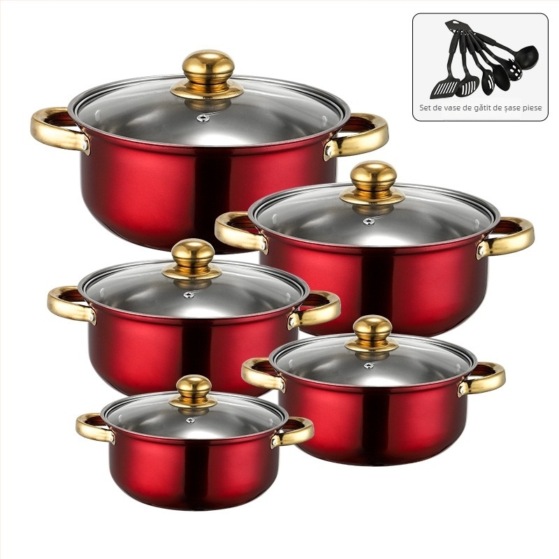 Set de vase din oțel inoxidabil seria 400, oală fără fum, capac din sticlă, compatibil cu plita generală, set de 10 piese