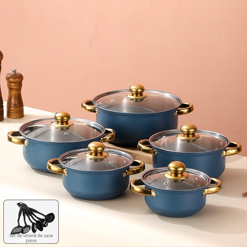 Set de vase din oțel inoxidabil seria 400, oală fără fum, capac din sticlă, compatibil cu plita generală, set de 10 piese