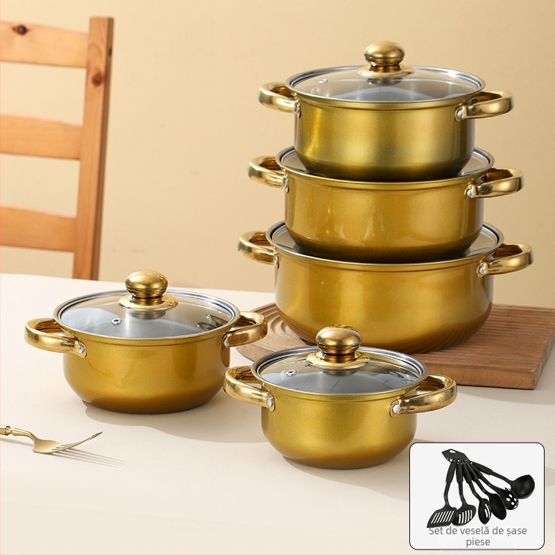 Set de vase din oțel inoxidabil seria 400, oală fără fum, capac din sticlă, compatibil cu plita generală, set de 10 piese