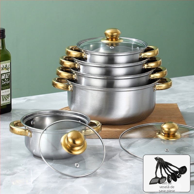 Set de vase din oțel inoxidabil seria 400, oală fără fum, capac din sticlă, compatibil cu plita generală, set de 10 piese