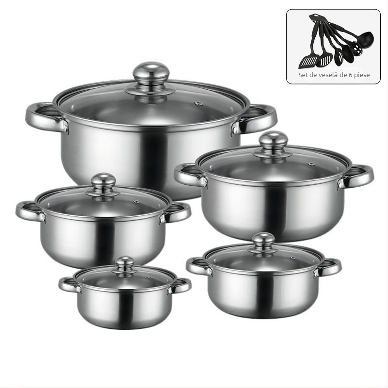 Set de vase din oțel inoxidabil seria 400, oală fără fum, capac din sticlă, compatibil cu plita generală, set de 10 piese