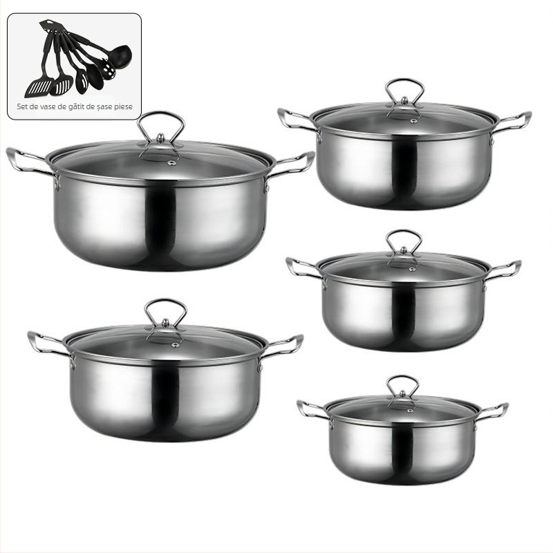 Set de vase din oțel inoxidabil seria 400, oală fără fum, capac din sticlă, compatibil cu plita generală, set de 10 piese