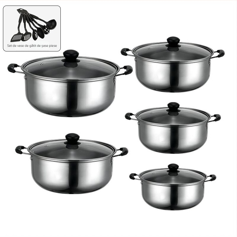 Set de vase din oțel inoxidabil seria 400, oală fără fum, capac din sticlă, compatibil cu plita generală, set de 10 piese