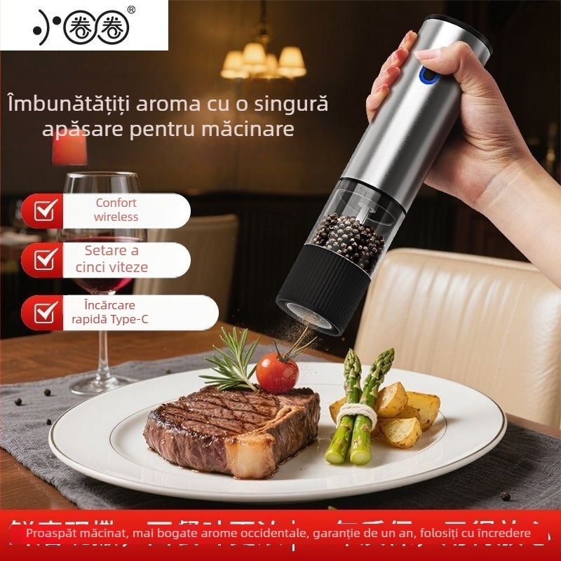 Măcinător electric pentru condimente de bucătărie, multifuncțional pentru piper negru, piper Sichuan și sare de mare; corp din oțel inoxidabil; funcționare electrică; măcinare manuală