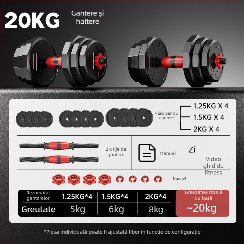 Boiling Force Set reglabile de gantere și bară pentru acasă, Material PVC, Pentru bărbați și femei, Fitness și bodybuilding