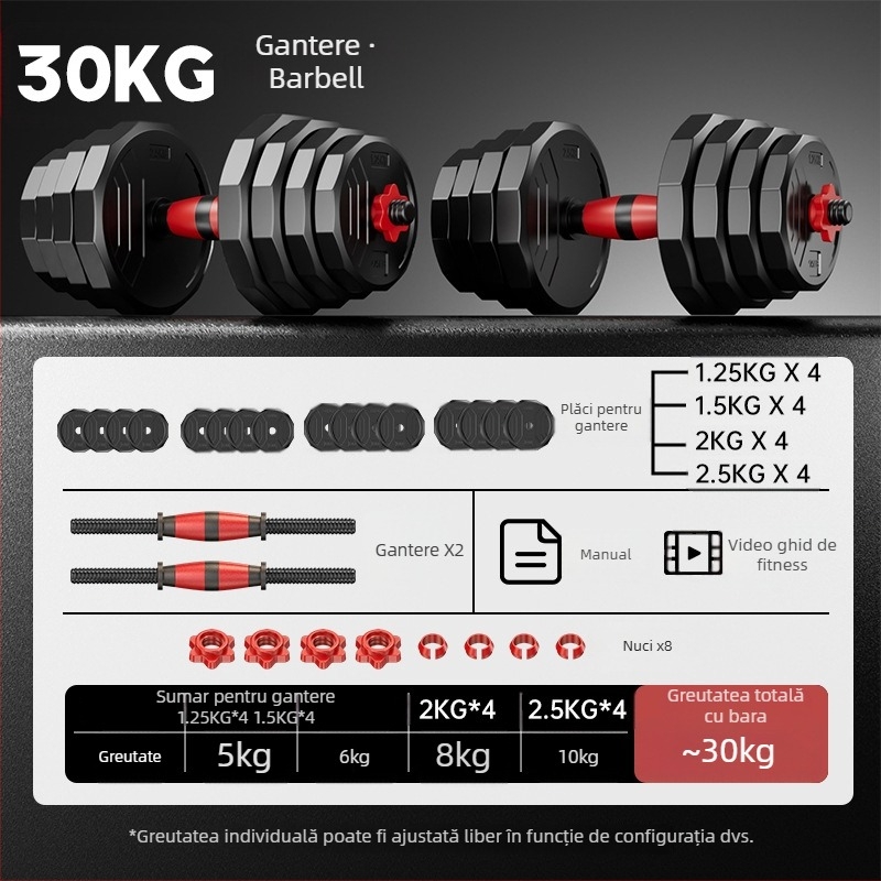 Boiling Force Set reglabile de gantere și bară pentru acasă, Material PVC, Pentru bărbați și femei, Fitness și bodybuilding