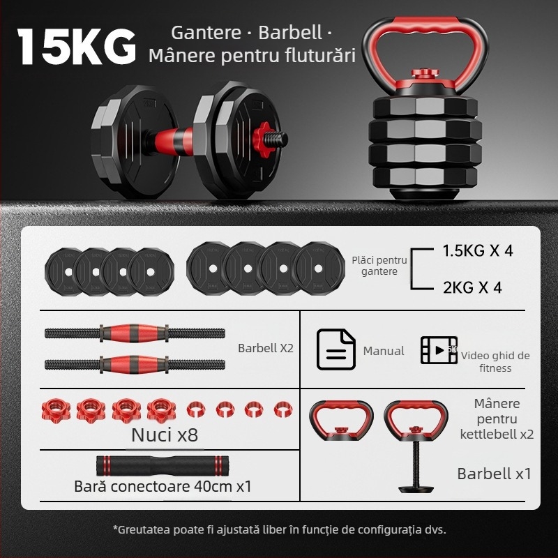 Boiling Force Set reglabile de gantere și bară pentru acasă, Material PVC, Pentru bărbați și femei, Fitness și bodybuilding