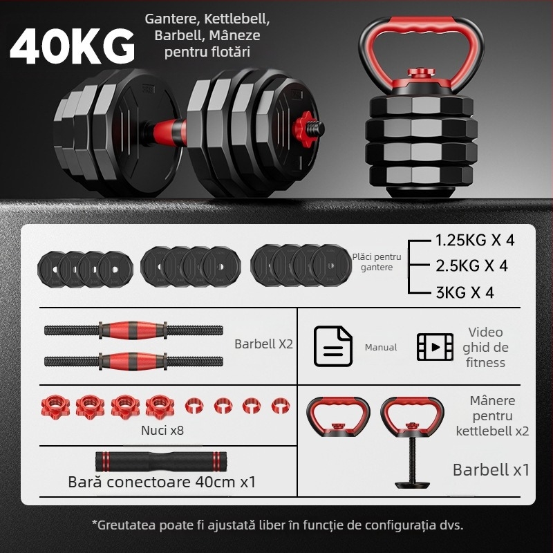 Boiling Force Set reglabile de gantere și bară pentru acasă, Material PVC, Pentru bărbați și femei, Fitness și bodybuilding