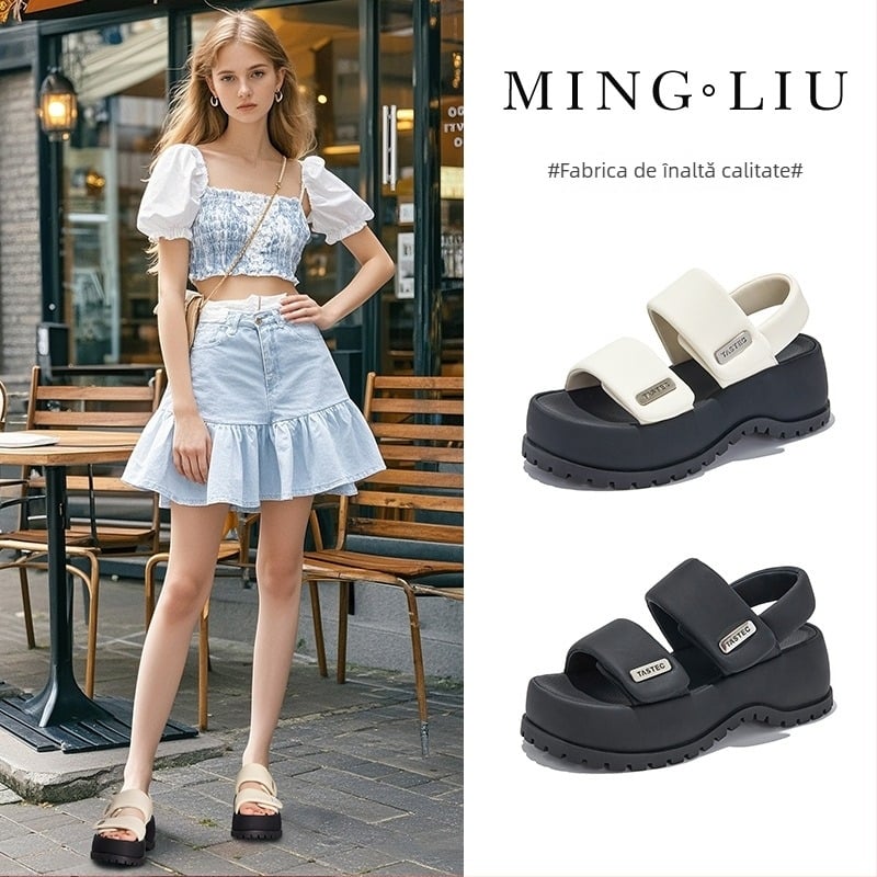 Mingliu sandale damă cu talpă groasă, bază cu ventuze, închidere Velcro, partea superioară din piele sintetică, înălțimea talpii 5–8 cm