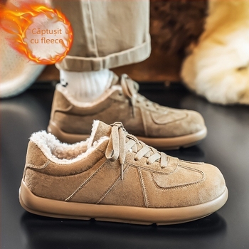 Papuci de casă cu partea superioară din suede, căptuțiți cu fleece, talpă PVC, căptușeală groasă, unisex