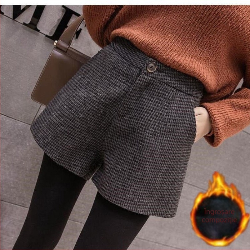 Șorturi damă din lână, model houndstooth, talie înaltă, croială largă, pantaloni casual de iarnă