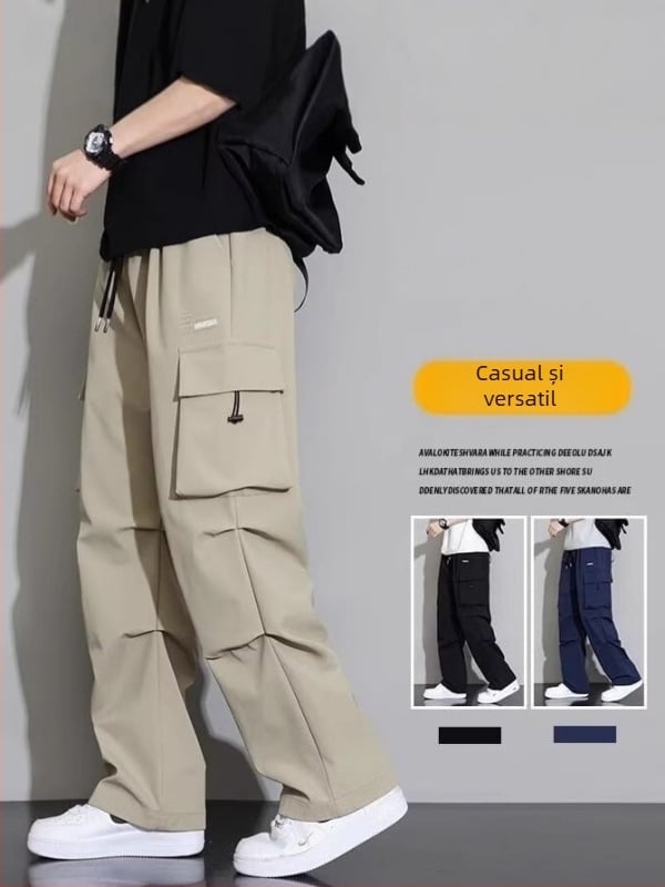 Pantaloni casual bărbați, croi drept, poliester, talie joasă, pantaloni de vară