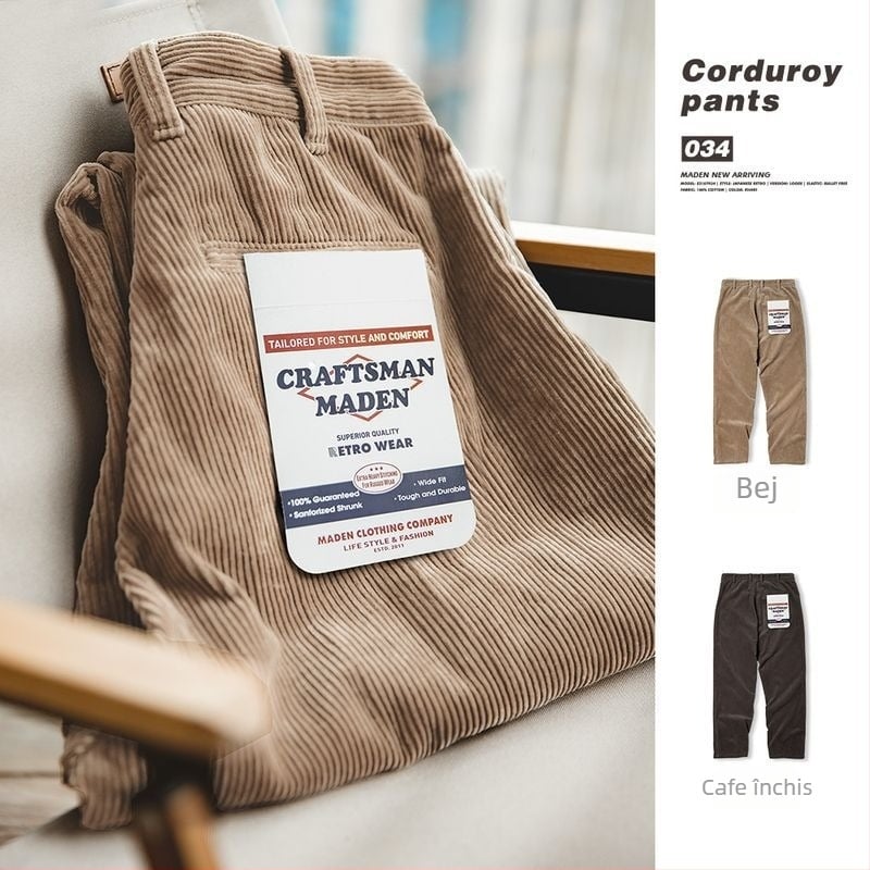 Pantaloni casual pentru bărbați din bumbac, drepti, talie medie, 100% bumbac, stil retro japonez, iarnă