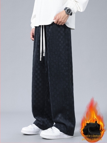 Pantaloni casual bărbați din corduroy cu model carouri, căptuțiți cu fleece, croială lejeră, talie medie, picior drept, închidere cu șnur