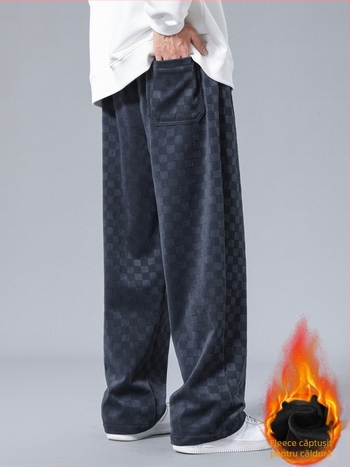 Pantaloni casual bărbați din corduroy cu model carouri, căptuțiți cu fleece, croială lejeră, talie medie, picior drept, închidere cu șnur