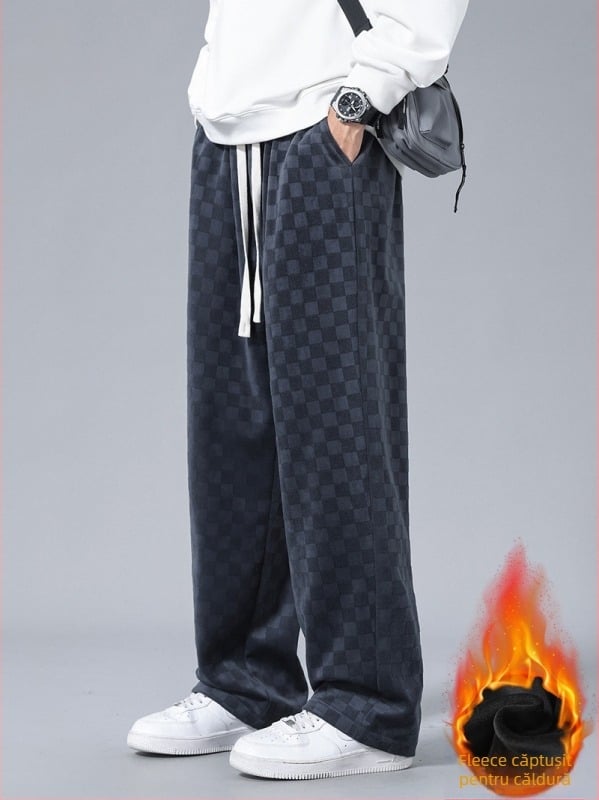 Pantaloni casual bărbați din corduroy cu model carouri, căptuțiți cu fleece, croială lejeră, talie medie, picior drept, închidere cu șnur
