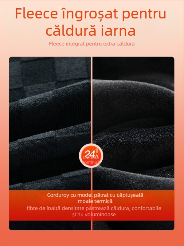 Pantaloni casual bărbați din corduroy cu model carouri, căptuțiți cu fleece, croială lejeră, talie medie, picior drept, închidere cu șnur