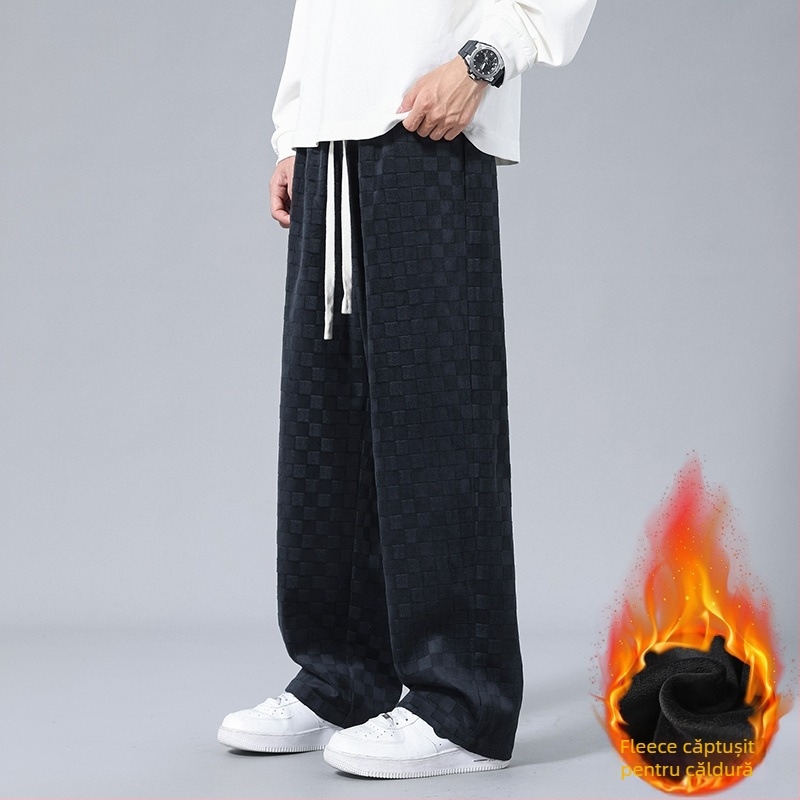Pantaloni casual bărbați din corduroy cu model carouri, căptuțiți cu fleece, croială lejeră, talie medie, picior drept, închidere cu șnur