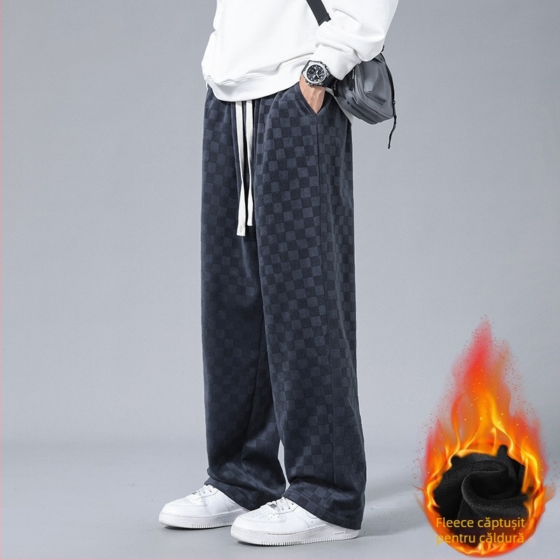 Pantaloni casual bărbați din corduroy cu model carouri, căptuțiți cu fleece, croială lejeră, talie medie, picior drept, închidere cu șnur
