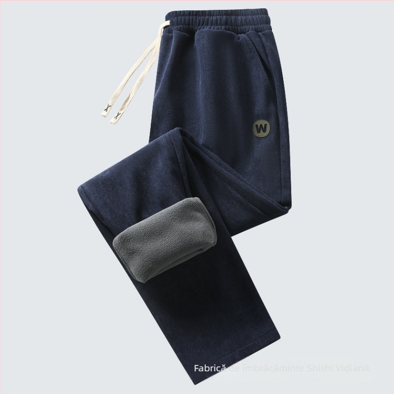 Pantaloni casual pentru bărbați din corduroy, căptuți cu fleece, groși și călduroși, talie elastică, croială dreaptă
