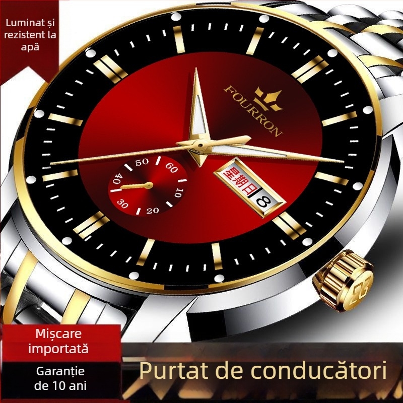 Ceas bărbătesc de modă cu cuarț, calendar dual și afișaj luminos, carcasă din aliaj, brățară din oțel inoxidabil