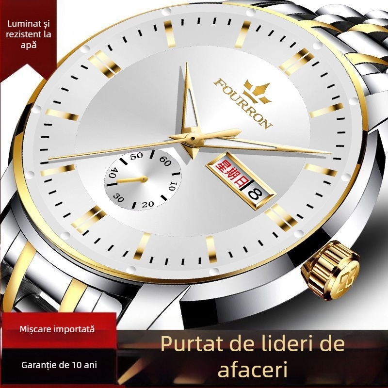 Ceas bărbătesc de modă cu cuarț, calendar dual și afișaj luminos, carcasă din aliaj, brățară din oțel inoxidabil