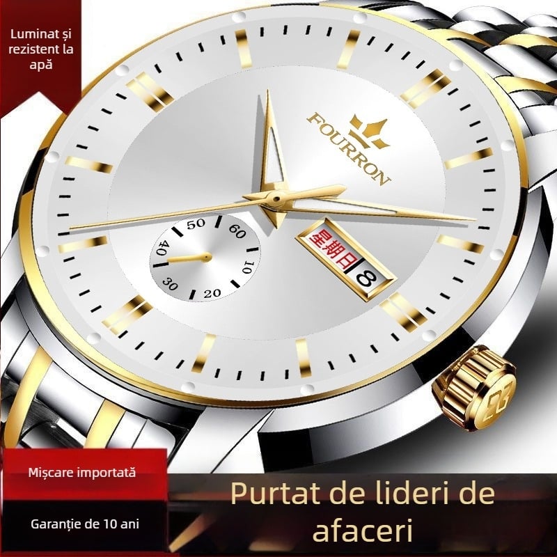 Ceas bărbătesc de modă cu cuarț, calendar dual și afișaj luminos, carcasă din aliaj, brățară din oțel inoxidabil