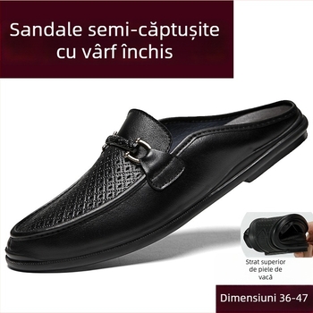 Sandale slip-on din piele de vacă, vârf închis, fără călcâi, talpă din cauciuc