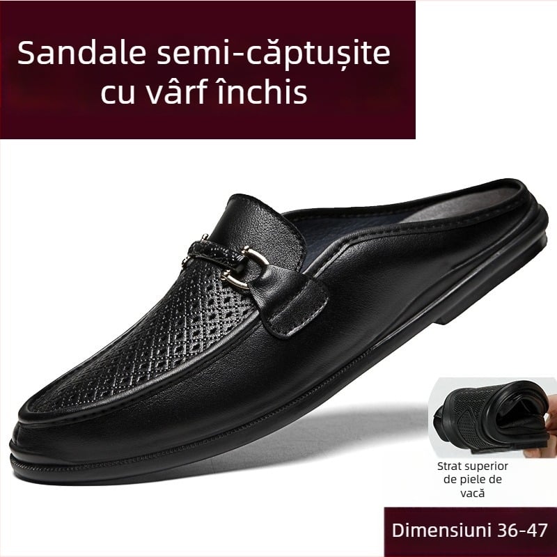 Sandale slip-on din piele de vacă, vârf închis, fără călcâi, talpă din cauciuc