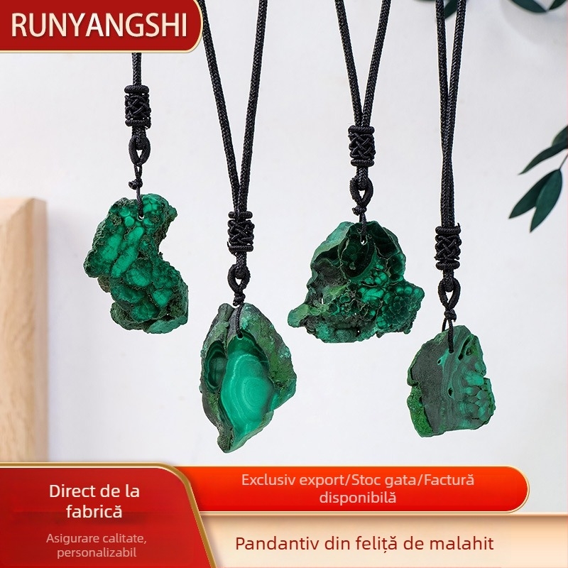 Pandantiv din malahit, piatră cristalină cu felie neregulată, șnur țesut manual pentru pulover (Material: Malahit; Stil: Simplitate modernă; Categorie: Piatră de cristal)