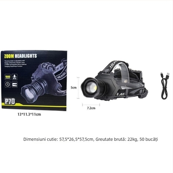 Lampa frontală LED reîncărcabilă pentru exterior, 30W, 3x18650, aliaj de aluminiu, impermeabilă, rază 200–500 m