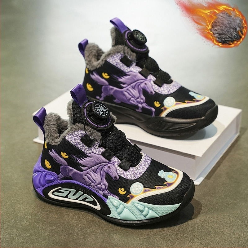 Adidași sport de iarnă pentru copii, din piele sintetică, imprimeu desen animat, impermeabili, durabili la uzură, închidere cu buton rotativ