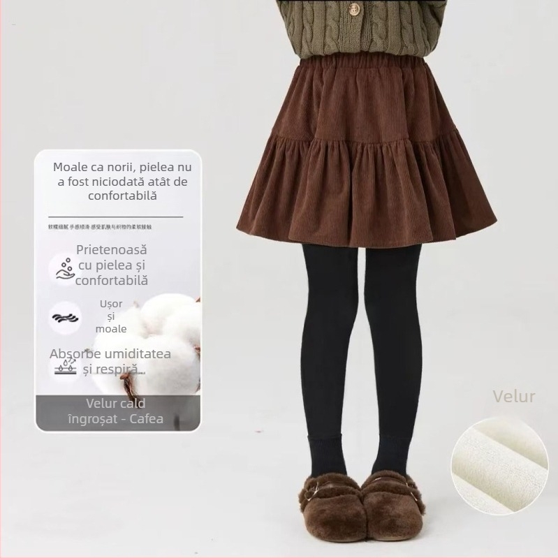 Fustă-pantalon cu fleece pentru iarnă, design faux two-piece, material din bumbac, talie medie, tratament moale, pentru fete peste 8 ani