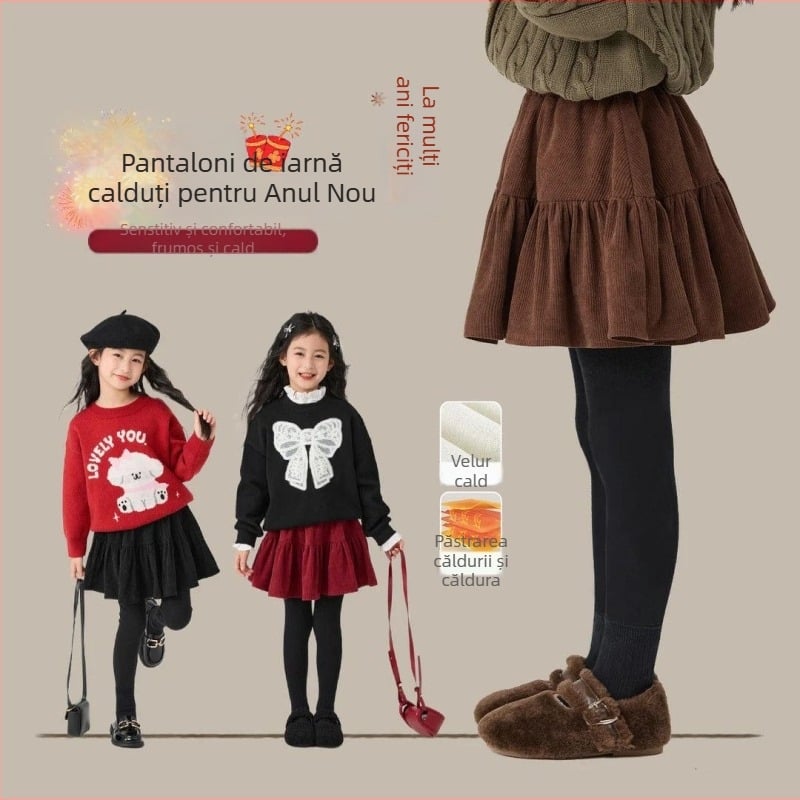 Fustă-pantalon cu fleece pentru iarnă, design faux two-piece, material din bumbac, talie medie, tratament moale, pentru fete peste 8 ani