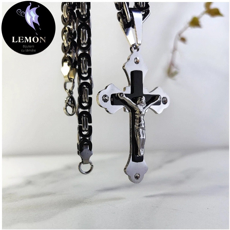Colier din oțel inoxidabil Limon – design geometric, pandantiv cruce cu diamant, placare electroplatină