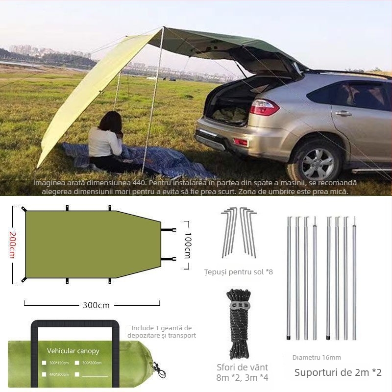 Umbră laterală pentru SUV — țesătură Oxford, impermeabil 2000mm, acoperiș exterior