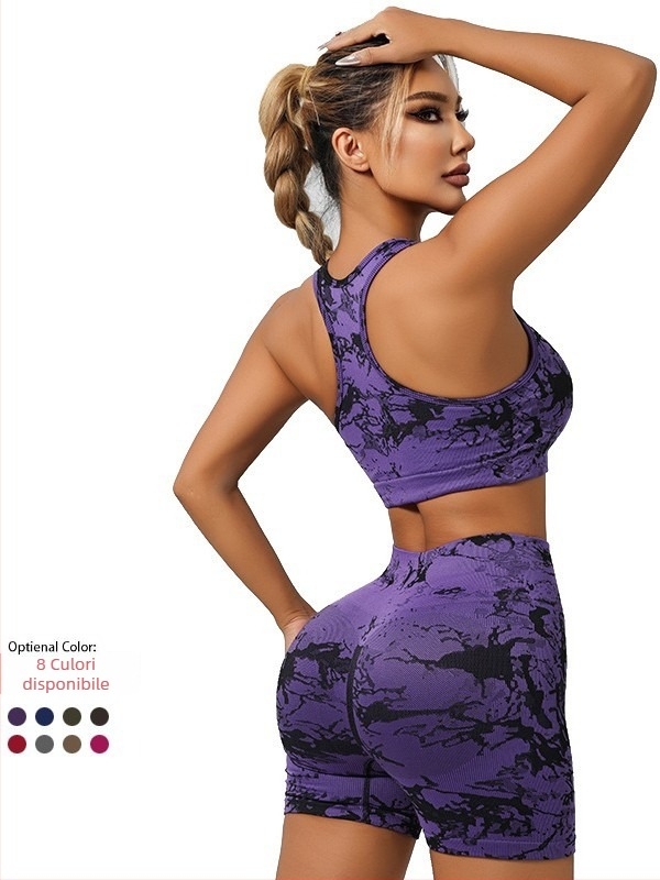Set de yoga fără mâneci cu șorturi — design tie-dye, uscare rapidă, material nylon/spandex, cu protecții pentru bust, model iarnă 2024